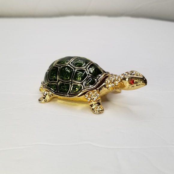 Vintage Crystals Bejeweled Turtle Trinket Box Hinged Enameled